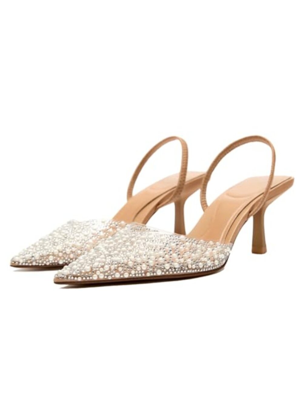 Slingback Heels Pointy Toe Stiletto Rhinestone Pearl Slip On Wedding Party Shoes